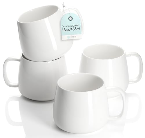 Teocera 16oz Ceramic Coffee Mugs Set of 4 – Stackable Latte Cups, Microwave, Dishwasher & Oven Safe – Ideal for Coffee, Cappuccino, Hot Chocolate, Housewarming Gifts,White