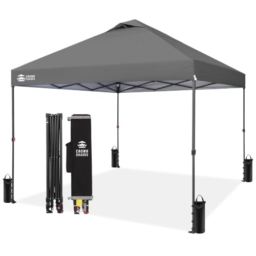 Image of CROWN SHADES 10x10 Pop Up Canopy Tent - Patented Center Lock One Push Instant Outdoor Canopy Beach Tent with STO-N-Go Bag 8 Stakes & 4 Sand Bags,Grid Grey
