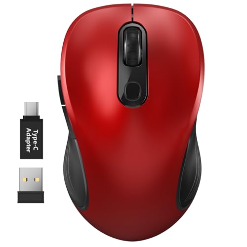 Image of WisFox 2.4G Wireless Mouse for Laptop, Ergonomic Computer Mouse with USB Receiver and Type-C Adapter, 6 Button Cordless Mouse Wireless Mice for Windows Mac PC Notebook (Red)