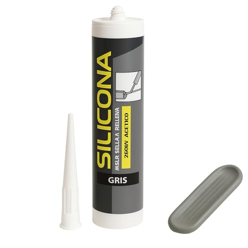 Silicona universal, Silicona Multiusos, Sellador universal profesional, Apto para sellar superficies no porosas y con contacto con agua, Incluye Cánula, Contiene 280 ml, Color gris.