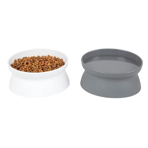 Image of Kitty City Elevated Cat Bowls (Set of 2), Whisker-Friendly Raised Cat Food & Water Dishes, Modern Pedestal Design, Dishwasher Safe, 10.8 oz Each - White & Gray