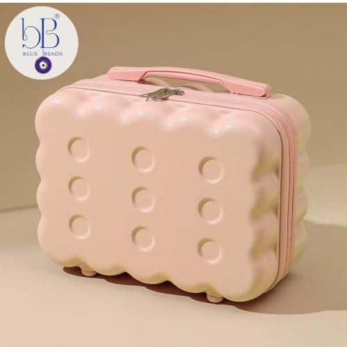 Image of BLUE BEADS Travel Makeup Case with Lock & Luggage Strap, ABS Hard Shell Cosmetic Vanity Case, Portable Makeup Organizer for Women, Beauty Storage Box for Makeup & Toiletries (Blush Peach, Model 2)