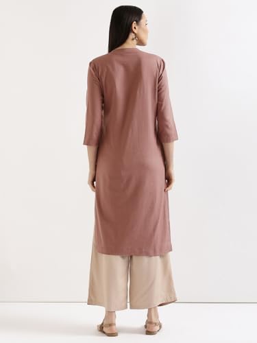 Image of SAADAA Women's Linen Straight Fit Straight Long Kurta Airy Plain Kurta, 3 /4 Sleeve, Knee Length Kurtis with Pockets, Casual and Office Wear