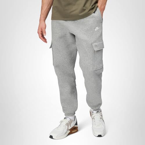 Nike Men's Club Fleece Cargo Pants, Dark Grey Heather/Light Smoke Grey/White, Large
