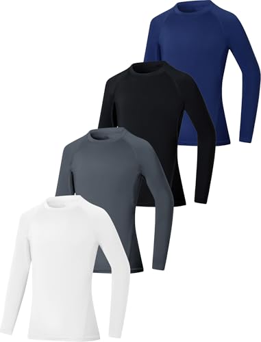 EXARUS 4 Pack Boys Compression Shirts Youth Long Sleeve Sports Base Layer Moisture Wicking Undershirts for Football 6-12Y