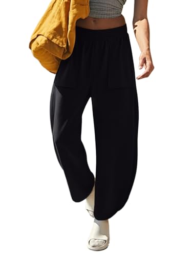 LASLULU Womens Barrel Baggy Black Sweatpants Lounge Casual Wide Leg