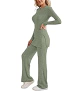 Women 2 Piece Outfits Knit Lounge Sets Long Sleeve Side Slit Crew Neck Pullover Top & Flare Pant ...