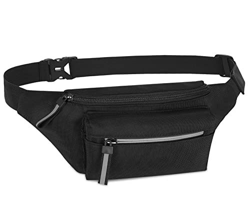 Riñoneras Deportiva para Mujer Y Hombre, 3 Bolsillos, con Correa Ajustable，Tiras Reflectantes para Deportes Al Aire Libre Viaje Correr Senderismo Ciclismo, Ciudad, Ferias, Negro