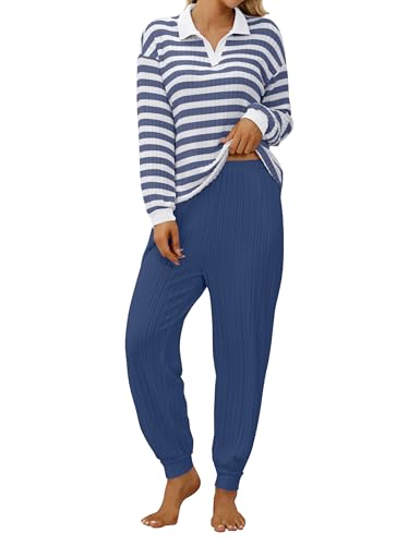 Blooming Jelly Womens Pajama Sets Striped Long Sleeve Lounge Sets V Neck Sleepwear 2 Piece Pj Set 2025