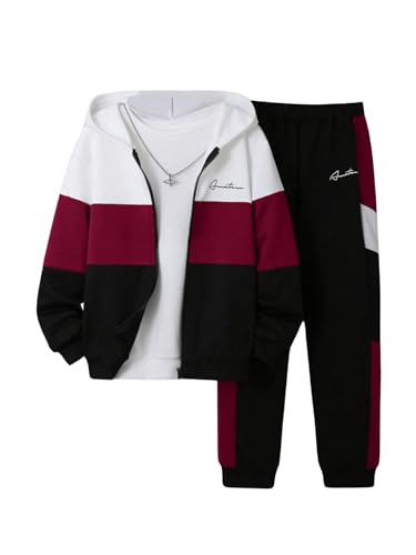 Image of MakeMeChic Boy's 2 Piece Outfits Letter Print Color Block Zip Up long Sleeve Hoodie and Pants Set Multicolor 9Y