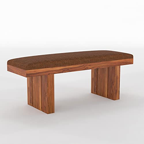Image of Sheesham Wood 2 Seater Dining Bench with Upholstery | Solid Wood Bench for Living Room & Balcony | Honey Finish | Drawing Room | Without Pillow