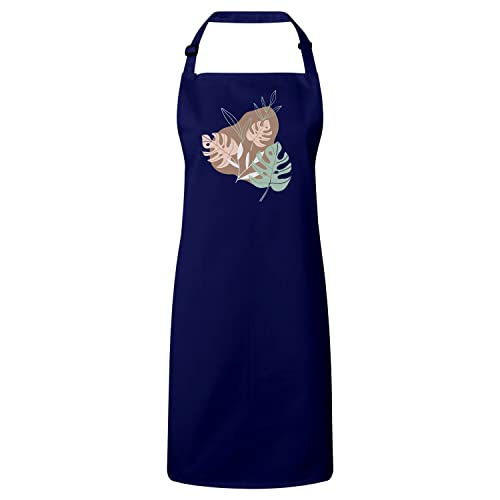 Tablier cuisine premium bleu marine imprimé feuilles exotiques jungle