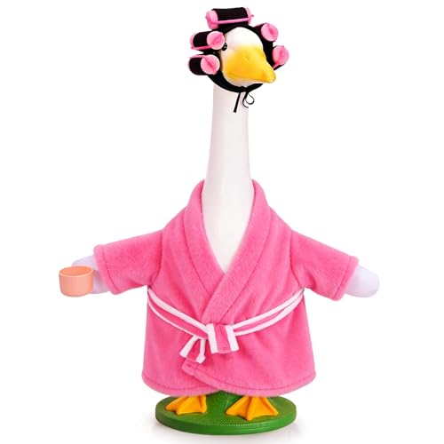 JcHrmers Old Lady Porch Goose Outfits Spring Summer Lawn Goose Clothes for 23'' Cement or Plastic Lawn Goose Statue Costume Bathrobe Coffee Cup Curlers for Outdoor Yard Garden Patio Decor (Pink)