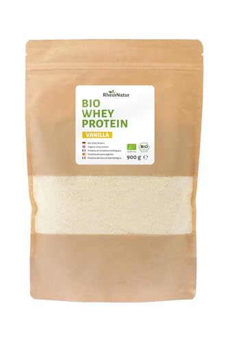 RheinNatur Bio Whey Protein-Pulver Vanille 900 g - Eiweißpulver mit natürlichem Aroma & ohne Soja - 100% Bio Molke-Protein für Proteinshakes