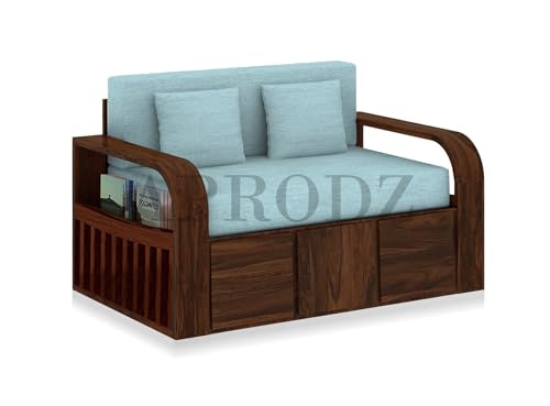 Image of APRODZ Sheesham Wood Sofa Cum Bed, 2 Seater, Walnut Finish with Turquoise Upholstery (75 x 51 x 30 Inch)