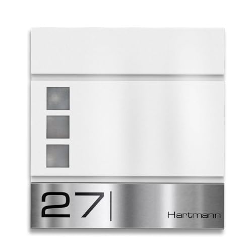 Metzler Briefkasten Weiß mit Edelstahl-Namensschild Oltmann - in RAL9016...