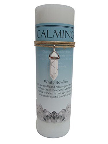 White Howlite Crystal Energy Pillar Candle and Pendant Stone for Calming