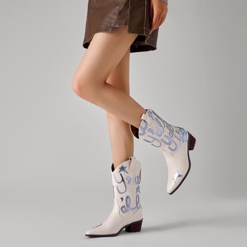Image of Metallic Cowboy boots for Women Embroidered Mid Calf Womens Cowgirl Boots Western Pointed Toe Chunky Heel