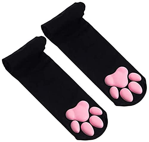 SIROLISA 3D-Silikon-Katzenpfoten-Fäustlinge, niedliche Katzenpfoten-Zehen-Bohnen-Socken, schwarze hohe Strümpfe für Frauen, Mädchen, Halloween, Weihnachten, Cosplay