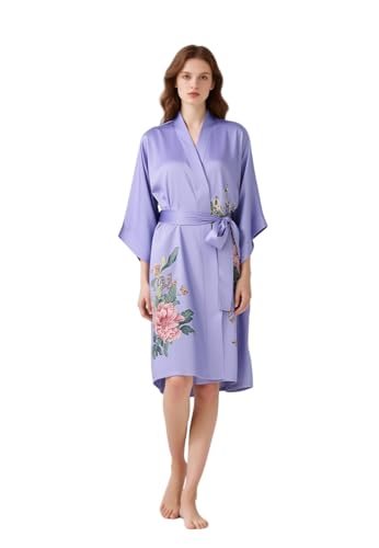 100% Mulberry Silk Long Robe Kimono Floral Print Bath Robe, Heavy Silk 19 Momme Dressing Gown