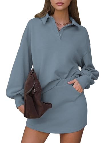 EXLURA Women Two Piece Sets 2025 Casual Polo Sweatshirt Skorts Matching Set Short Tennis Skirt Fall Workout Tracksuit Outfits