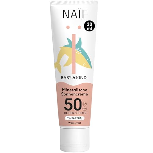 Naïf - Sonnencreme auf mineralischer Basis - für Baby & Kind - LSF 50-0% Parfüm - Creme ohne Octocrylene - UVA und UVB Schutz - Wasserresistent - Dermatologisch Getestet - Ohne Mikroplastik - 30ml