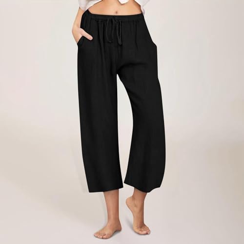 Linen Pants Women Summer Cotton Linen Capris 2025 Wide Leg Boho Pants Drawstring Vacation Beach Cropped Trouser Capris2