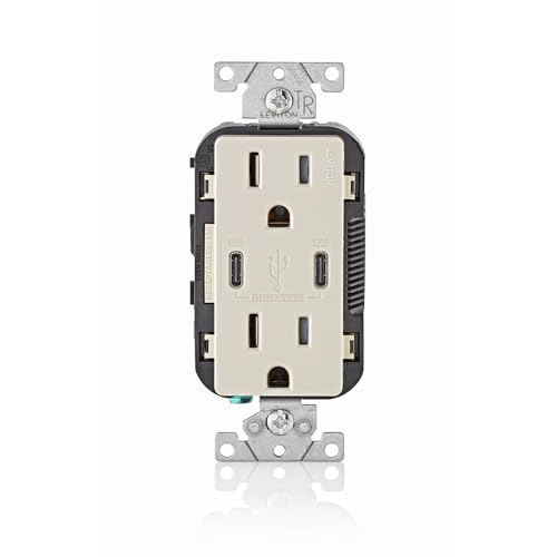 Image of Leviton 30W (6A) USB Dual Type-C /C Power Delivery In-Wall Charger with 15A Tamper-Resistant Outlet, USB Charger for Smartphones, Tablets, Laptops, T5635-T, Light Almond