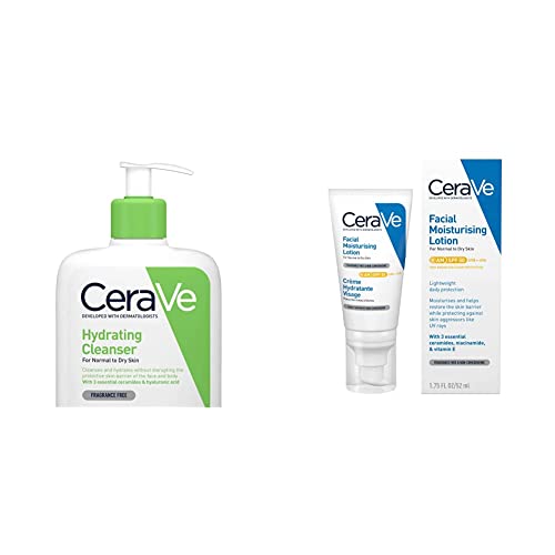 CeraVe Hydrating Cleanser for Normal to Dry Skin 473ml with Hyaluronic Acid & 3 Essential Ceramides & AM Facial Moisturising Lotion SPF50 with Ceramides & Vitamin E for Normal to Dry Skin 52ml
