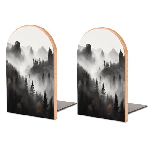 Sujetalibros de madera de montaña brumosa para decorar salones y despachos 2