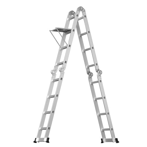 15.4Ft/4.7M Multi Purpose ladder 4 x 4 Aluminum Scaffold Ladder Heavy Duty for Indoor/Outdoor Use, Safety Lock, Balance Bar, Tool Tray, 330LB/150KG Capacity, EN 131 Standard - Sliver