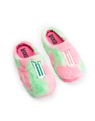 Wicked Womens Pink and Green Fluffy Mule Slippers for Indoor Lounging | Comfortable House Footwear | Fun Movie-Themed Merch