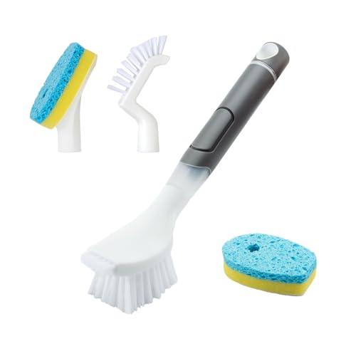 REEWII Dish Brush with soap Dispenser,4 PCS Replacement Brush Refills dishwashing Brush Set for Kitchen Utensils, Pans, Sinks, cookware