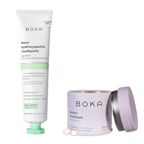 Boka Fluoride Free Toothpaste - Nano Hydroxyapatite - Ela Mint 4oz and Travel Size Mouthwash Tablets - Hydroxyapatite, Fluoride/Alcohol Free & Eco-Friendly