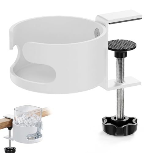 Image of HASTHIP Desk Cup Holder, Adjustable Screw-fix Installation, Spill-Proof Cup Holder, Universal Fit for Most Standard Cup, Drinks, Water Bottle & More, White