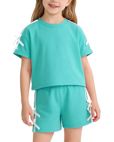 SOLOYEE Girl Clothes 5T 6T Toddler Girls Summer Outfits White Bows Short Sleeved Top + Shorts Cute 2 Piece Clothing Set for Little Girls (Lake Green, 5-6 Years)