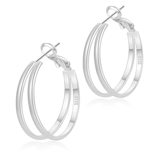 MOYUXI 2mm Double Hoop Earrings for Women Lightweight Medium Big Silver Hoops Trendy Hypoallergenic Large S925 Sterling Silver Post Earring Non Tarnish Durable Double Silver Earrings Hoop for Women