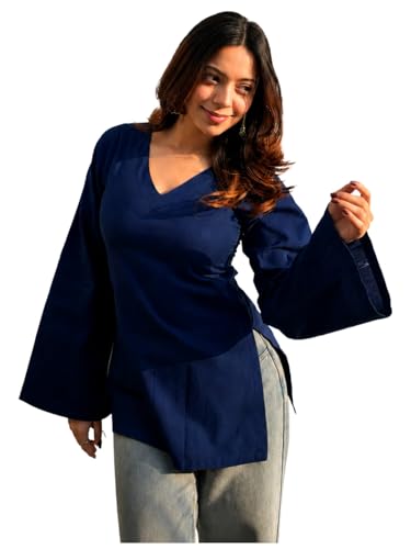 Image of ANNI Designer Short Kurti for Women Solid Design | V Neck Full Sleeve Kurti Tops for Women | Stylish Kurtis & Short Kurtis for Woman | Casual Kurti with Jeans | Kurtas for Woman