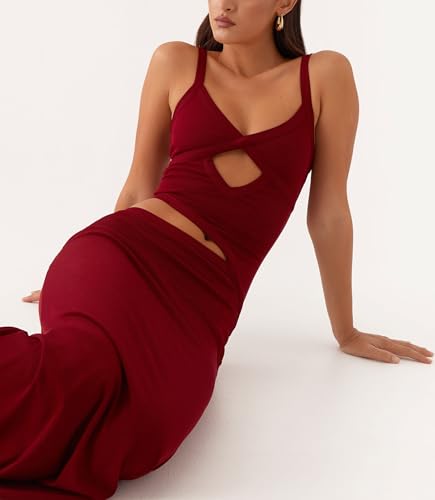 Image of NUFIWI Women Bodycon Spaghetti Strap Cutout Maxi Dress Hollow Sexy Fitted Dresses Sleeveless Stretch Slip Long Dress