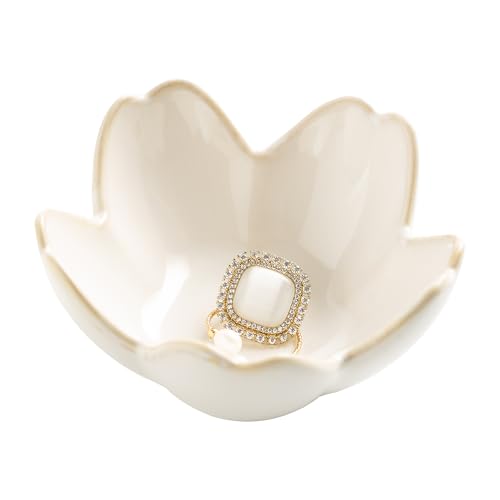 Flower Ring Holder Dish Ceramic Jewelry Tray Dish Small Trinket Dish Jewelry Plate Bowl Cute Jewlery Ring Holder Dish Aesthetic Room Decor Christmas Birthday Gifts for Women 1 pack (white)