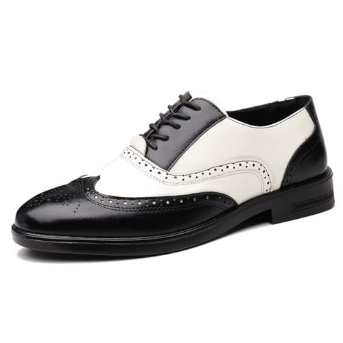 Men's Patchwork Two Tone Brogue Oxfords Shoes Fashion Hand Stitched Leather Dress Shoes Round-Toe Lace up Low Top Business Formal Derby Shoes (Black,7)