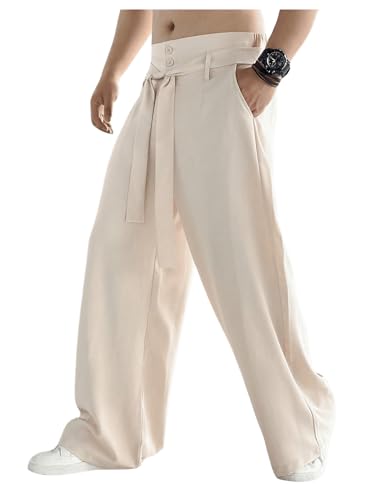 OYOANGLE Men's Elastic Waisted Wide Leg Long Pants Tie Front Belted Loose Casual Trousers with Pockets