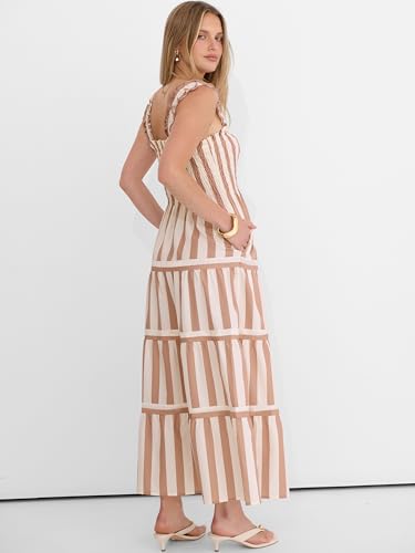 Image of Caracilia Womens Summer Maxi Dresses Floral Smocked Sleeveless Ruffle Boho Casual Flowy Aline Beach Vacation Long Sundress