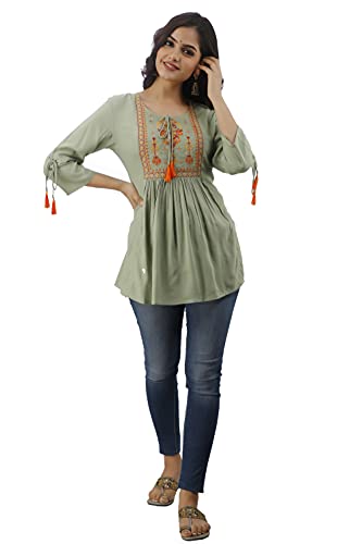 Image of DMP FASHION Women's Rayon Classic Heavy Embroidery Top with Beautifull Tassels at Front and on Both Sleeves