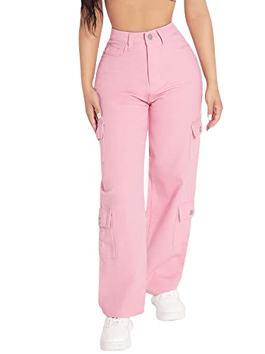 WDIRARA Women's Cargo Denim Pants High Waist Straight Leg Boyfriend Jeans with Pocket Light Pink Petite M