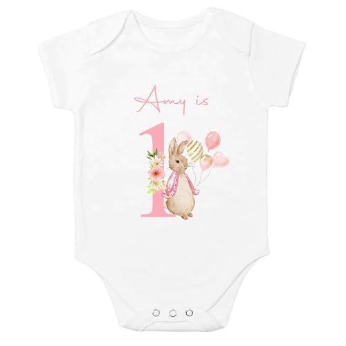 allaboutthebump Personalised Pink Rabbit Birthday Baby Vest or T-Shirt [100% Cotton Girls Bunny Outfit I am One, Two, Three 1 2 3, 1st Birthday] (Baby Vest: White, 6-12 Months)