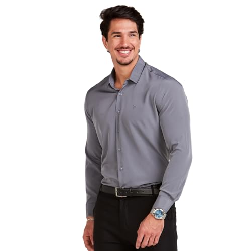 Camisa Social Manga Longa Masculina (BR, Alfa, GG, Regular, CINZA)