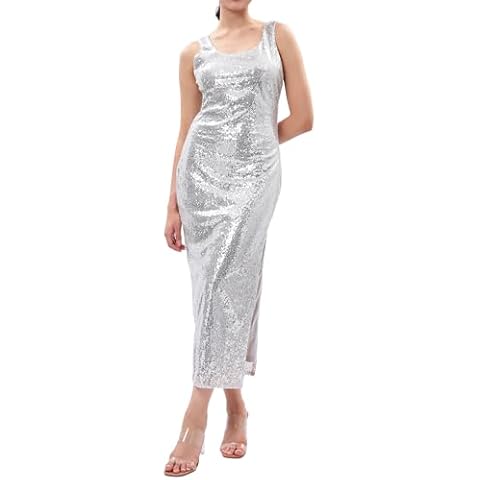 Xintianji Women's Open Back Sequin Dress Sparkly Bodycon Party Club Glitter Split Maxi Dress Silver Cover