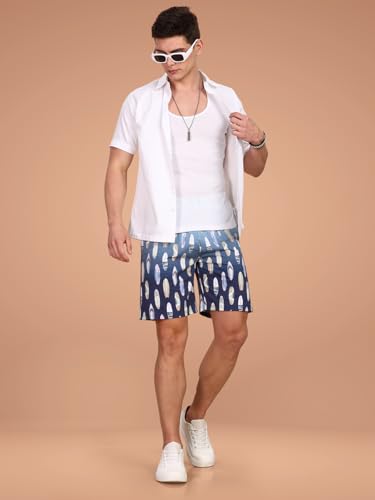Image of BULLMER Regular Fit Cotton Blend Summer Shorts for Men - Pack of 2 | Printed Shorts for Men Blue /Beige