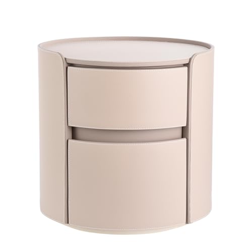 Genérico Moderna mesita de Noche Redonda con 2 cajón y Estante, mesita de Noche de Madera para Dormitorio o Sala de Estar, Acabado Exterior de Piel, Caqui (45 x 45 x 50 cm)